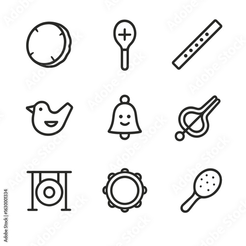 Shamanic Instruments Icons. Outline icon set of shaman musical instruments: drum, rattle, flute, whistle, bell, mouth harp, gong,