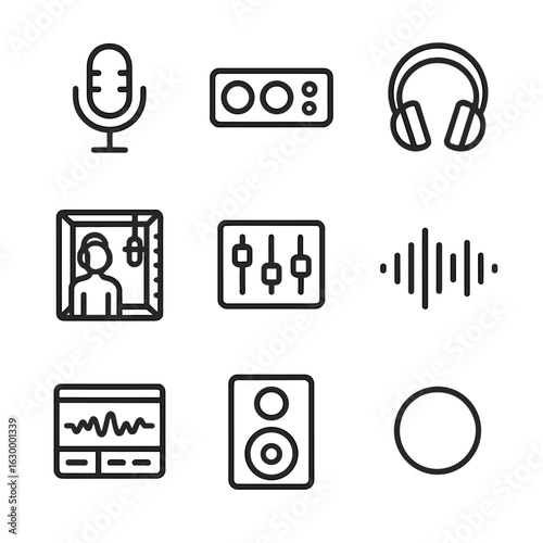 Audio Recording Icons. Outline icon set of audio recording gear: microphone, audio interface, headphones, recording studio, mixer,