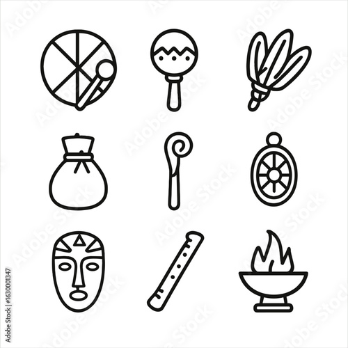 Shaman Tool Icons. Outline icon set of shaman tools: drum, rattle, feather fan, medicine pouch, staff, amulet, mask, bone flute,