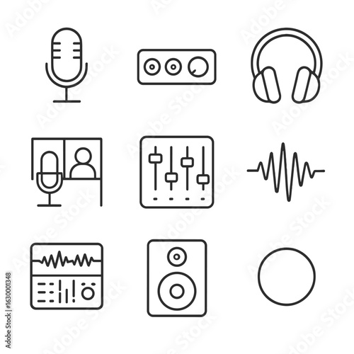 Audio Recording Icons. Outline icon set of audio recording gear: microphone, audio interface, headphones, recording studio, mixer,