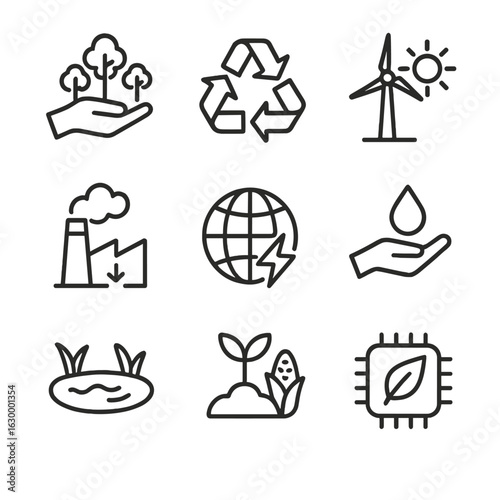Eco Icons Grid. Outline icon set of environmental transformation: reforestation, recycling, renewable energy, pollution reduction,