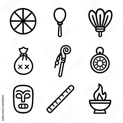 Shaman Tool Icons. Outline icon set of shaman tools: drum, rattle, feather fan, medicine pouch, staff, amulet, mask, bone flute,