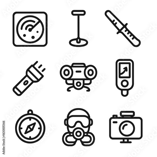 Shipwreck Exploration Icons. Outline icon set of shipwreck exploration tools: sonar, metal detector, diving knife, flashlight,