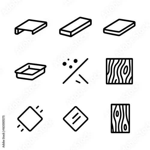 Material Icons Grid. Outline icon set of material and finish options: metal shelf, wooden plank, glass shelf, plastic tray, powder