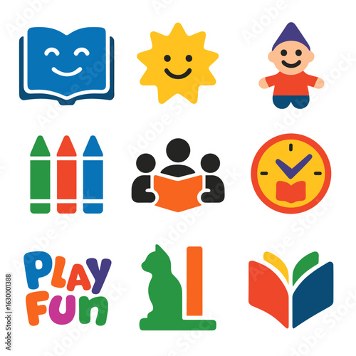 Children's Book Club Icons. Solid, filled icons set of children’s book clubs: illustrated book, smiling sun,