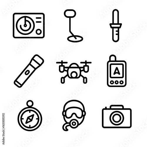 Shipwreck Exploration Icons. Outline icon set of shipwreck exploration tools: sonar, metal detector, diving knife, flashlight,