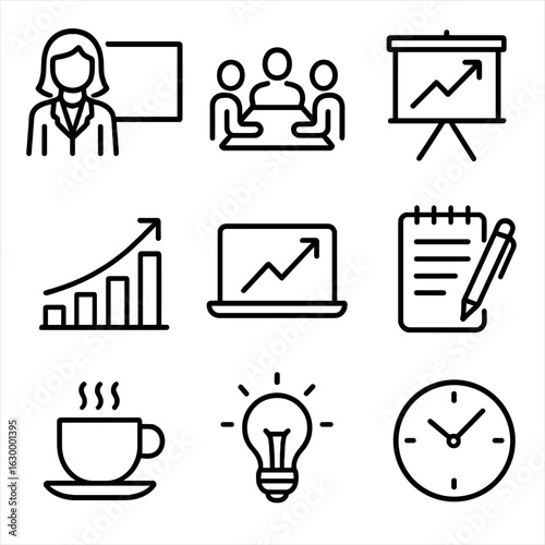 Marketing Icon Set. Outline icon set of marketing strategy meeting: businesswoman at screen, team silhouettes around table,