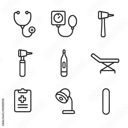 Medical Icon Set. Outline icon set of patient examination in clinic: stethoscope, sphygmomanometer, reflex hammer, otoscope,