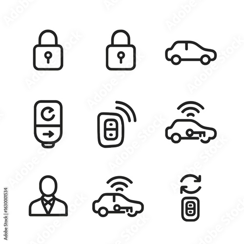 Automotive Key Fob Icons. Outline icon set of automotive remote key fob: lock/unlock, trunk release, remote start, panic alarm,