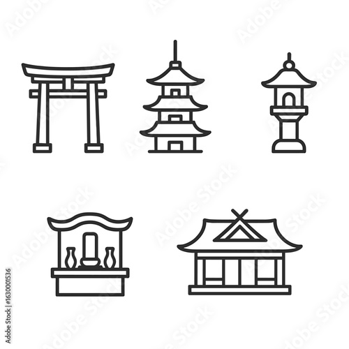 Shrine Architecture Icons. Outline icon set of shrine architecture: torii gate, pagoda, altar, lantern, prayer hall,