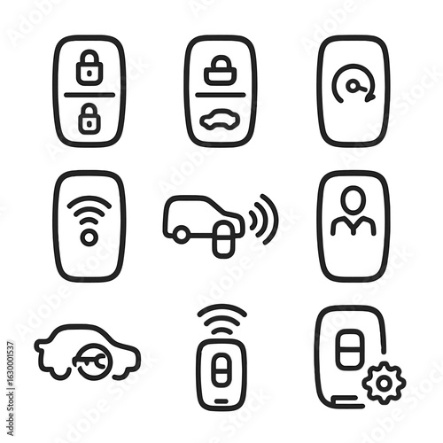 Automotive Key Fob Icons. Outline icon set of automotive remote key fob: lock/unlock, trunk release, remote start, panic alarm,