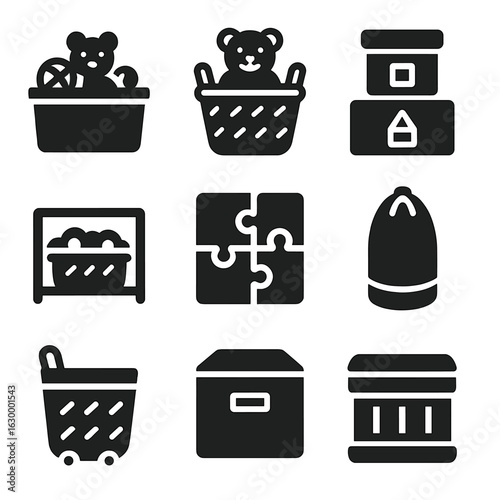 Children's Storage Icons. Solid, filled icons set of children’s storage in living room: toy bin, stuffed