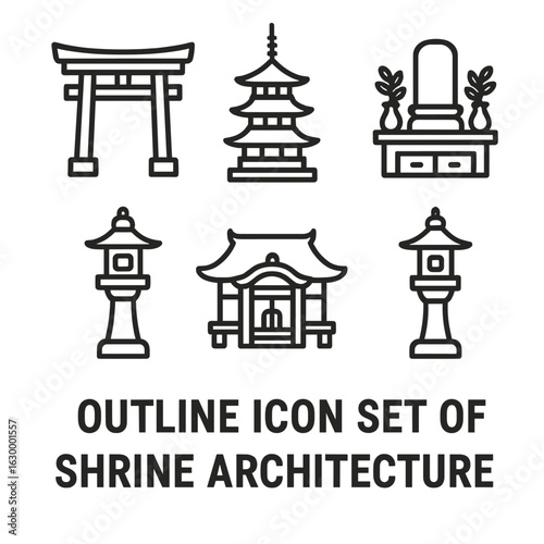 Shrine Architecture Icons. Outline icon set of shrine architecture: torii gate, pagoda, altar, lantern, prayer hall,