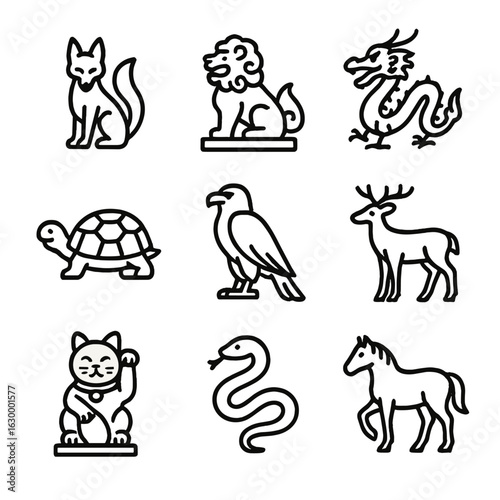 Shrine Guardian Icons. Outline icon set of shrine guardians and animals: fox, lion statue, dragon, turtle, eagle, deer, cat statue