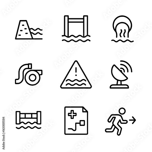 Flood Prevention Icons. Outline icon set of flood prevention: levee, floodgate, drainage pipe, water pump, warning sign, weather