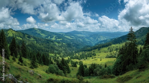 Wallpaper Mural Panoramic view of verdant valley & forested mountains under a dynamic, cloud-filled sky Torontodigital.ca