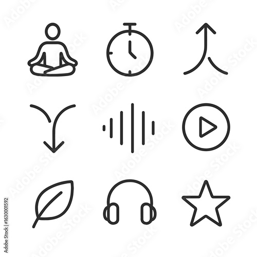 Meditation Icon Set. Outline icon set of guided meditation and breathing: lotus posture, timer countdown, inhale arrow, exhale
