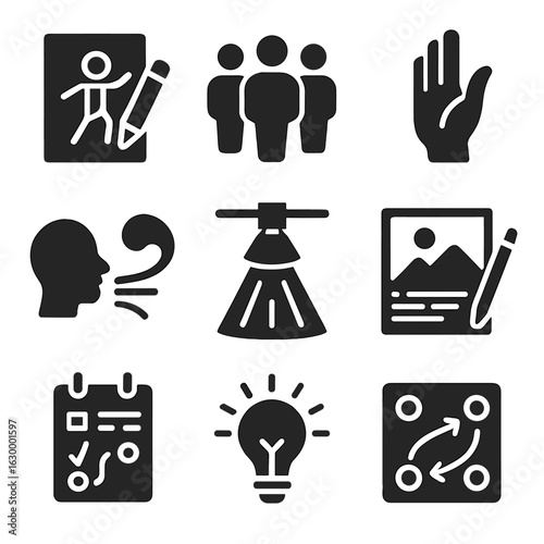 Choreography Icon Set. Solid, filled icons set of contemporary choreography: concept sketch, group formation,