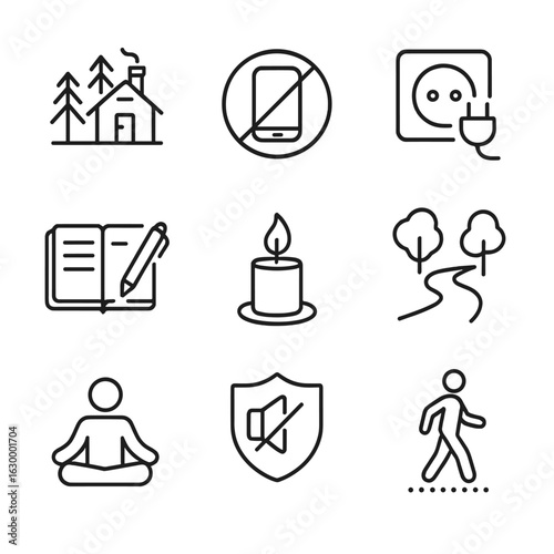 Silent Retreat Icons. Outline icon set of retreat silence: cabin in woods, no phone sign, unplugged outlet, journal and pen,