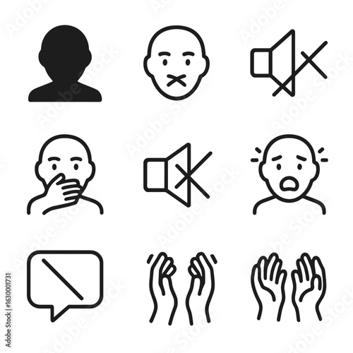Silent Scream Icons. Outline icon set of hidden scream: shadowed face, silent lips, muted sound, covered mouth, broken speaker,