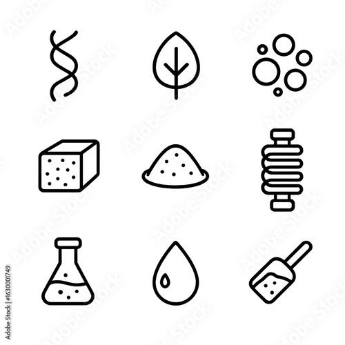 Microbial Protein Icons. Outline icon set of algae and microbial proteins: spirulina strand, chlorella leaf, yeast colony,