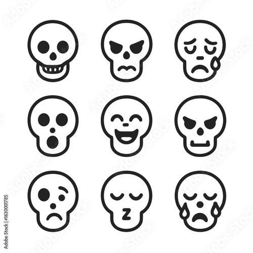 Skull Expression Icons. Outline icon set of skull expressions: smiling skull, angry skull, crying skull, surprised skull, laughing