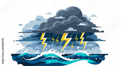 Powerful Ocean Storm Vector Illustration with Lightning and Waves