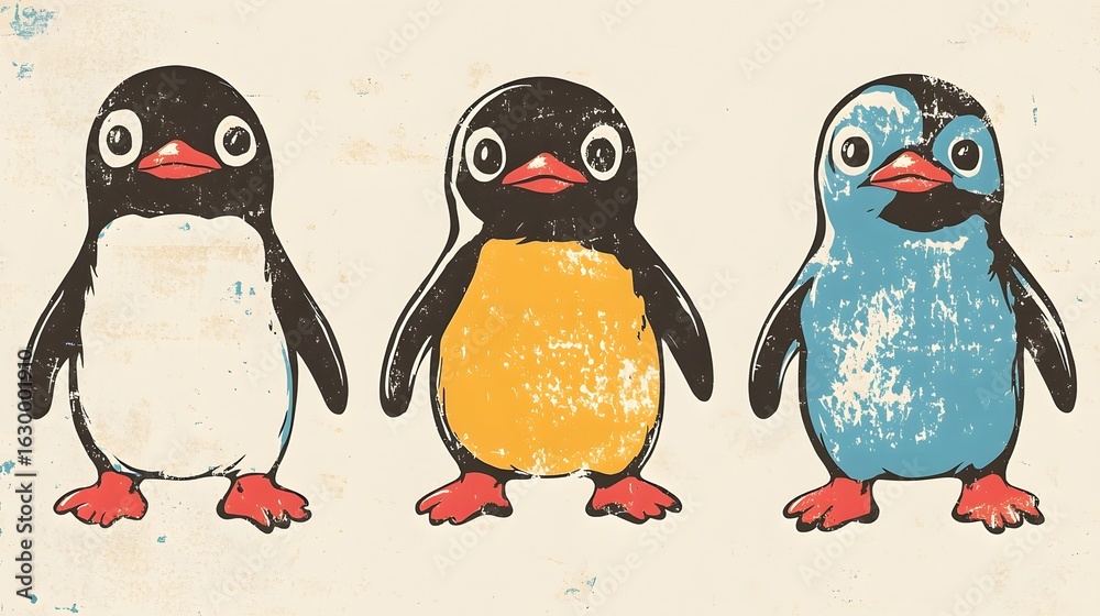 Fototapeta premium Digital illustration depicts three stylized, cartoon penguins in black, yellow, and blue, with textured effects.