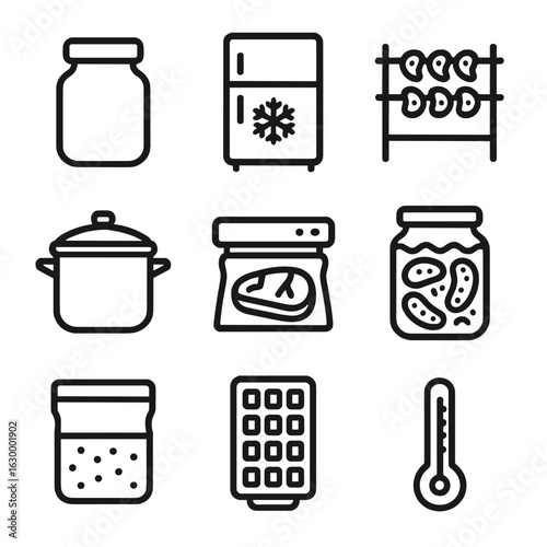 Food Preservation Icons. Solid, filled icon set of Food preservation techniques: jar with lid, freezer, drying rack, vacuum sealer
