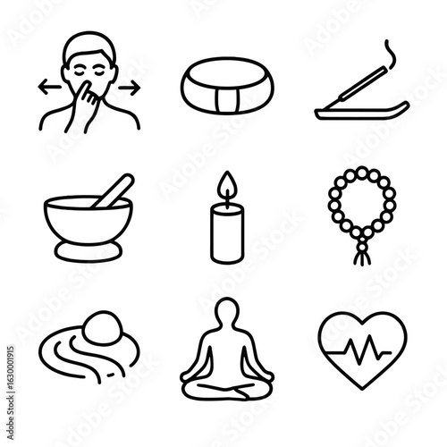 Mindfulness Icon Set. Outline icon set of breathing and mindfulness: pranayama breath, meditation cushion, incense stick, singing
