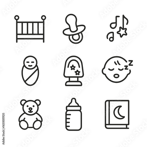 Sleep Icons Set. Outline icon set of baby sleep: crib, pacifier, lullaby music, swaddle, night light, sleeping baby, teddy bear,