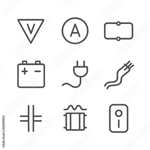 Electric Icon Set. Outline icon set of electric current: voltage, amperage, circuit, battery, power plug, electric wire, capacitor