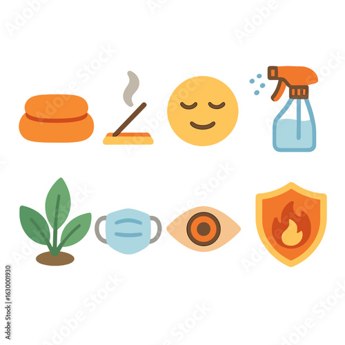 Mindfulness Tools Grid. Flat vector mini-illustrations mindfulness during wildfires in colors children's illustrations: meditation