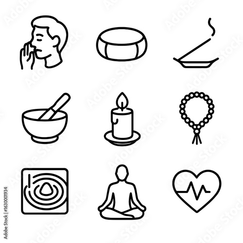 Mindfulness Icon Set. Outline icon set of breathing and mindfulness: pranayama breath, meditation cushion, incense stick, singing