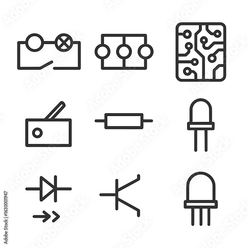 Electric Circuit Icons. Outline icon set of electric circuits: series circuit, parallel circuit, circuit board, microchip, switch,