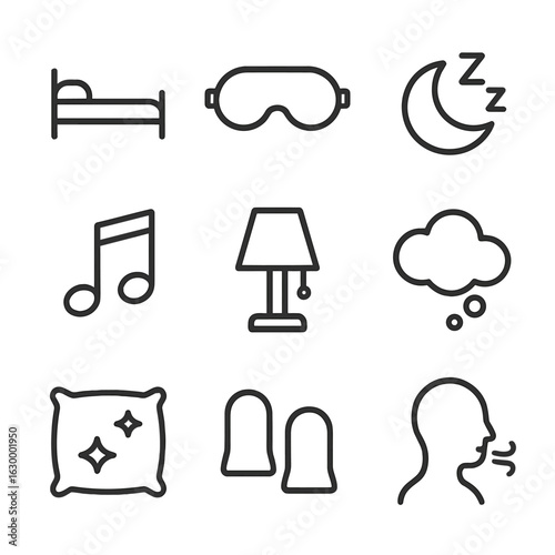 Sleep Calm Icons. Outline icon set of sleep calm: bed with pillow, sleep mask, moon with Zzz, lullaby music note, night lamp,