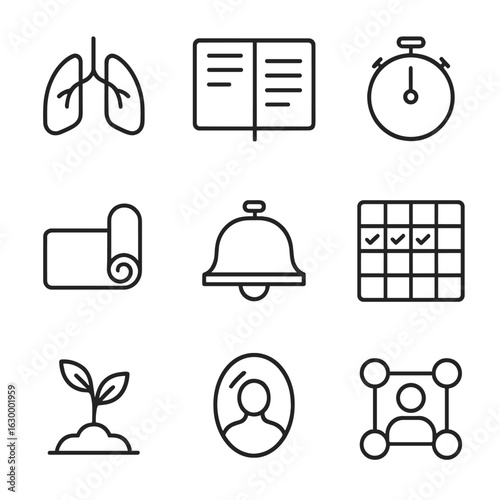 Mindset Icons Grid. Outline icon set of mindset exercises: breathing lungs, journal notebook, timer clock, yoga mat, mindfulness
