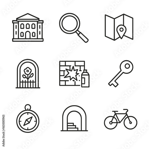 City Discovery Icons. Outline icon set of city discoveries: historic building, magnifying glass, map, secret
