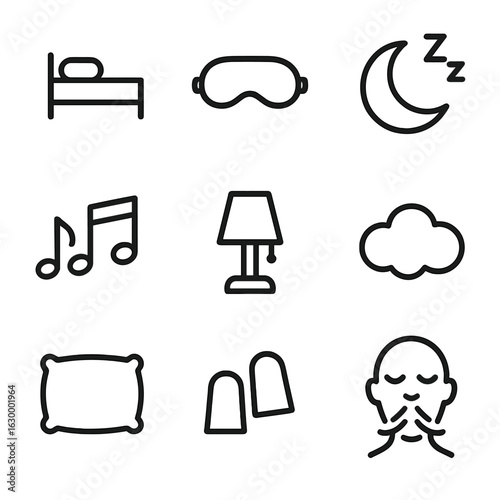 Sleep Calm Icons. Outline icon set of sleep calm: bed with pillow, sleep mask, moon with Zzz, lullaby music note, night lamp,