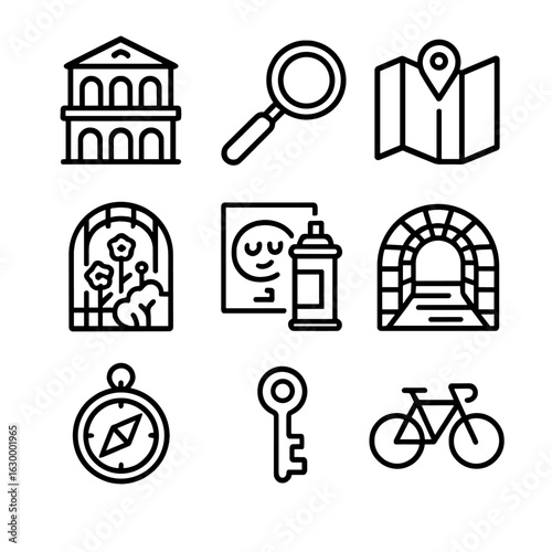 City Discovery Icons. Outline icon set of city discoveries: historic building, magnifying glass, map, secret