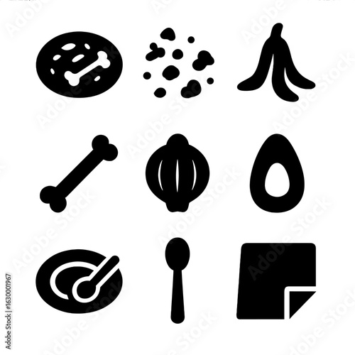 Food Waste Icons. Solid, filled icon set of remains in food: leftovers, crumbs, peelings, bones, shells, pits, empty plates,