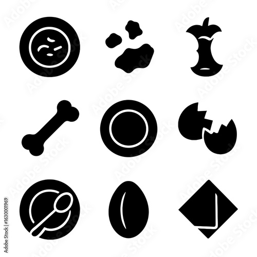 Food Waste Icons. Solid, filled icon set of remains in food: leftovers, crumbs, peelings, bones, shells, pits, empty plates,
