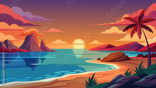 Vector art of stunning beach sunset with dramatic clouds, calm sea, and a lone palm tree on the shore, creating a serene and colorful evening