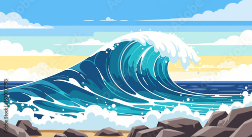 Massive Ocean Wave Vector Illustration Breaking Near Shore