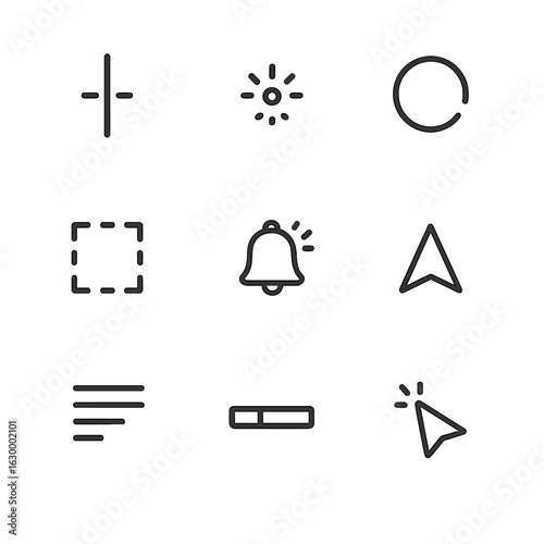 Minimalist UI Icon Set. Outline icon set of UI cursor and loader blinks: blinking text cursor, pulsing dot loader, loading spinner