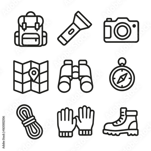 City Exploration Gear. Outline icon set of city exploration gear: backpack, flashlight, camera, map,