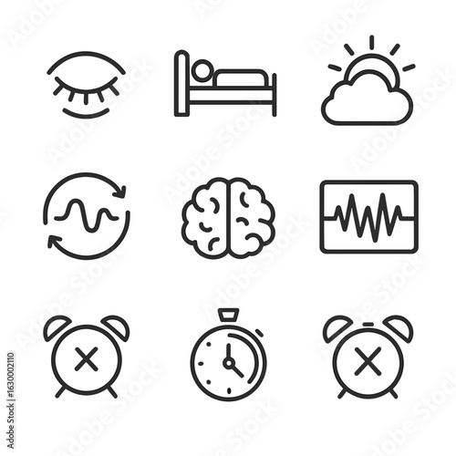 Sleep Stages Icons. Outline icon set of sleep stages: REM eye movement, deep sleep bed, light sleep cloud, awakening sun, cycle