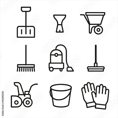 Slush Cleanup Icons. Outline icon set of slush cleanup tools: snow shovel, ice scraper, salt spreader, broom, wet vacuum, mop,