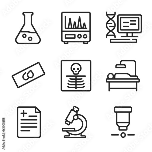 Forensic Icon Collection. Outline icon set of forensic analysis: chemical flask, chromatograph, DNA sequencing, computer analysis,