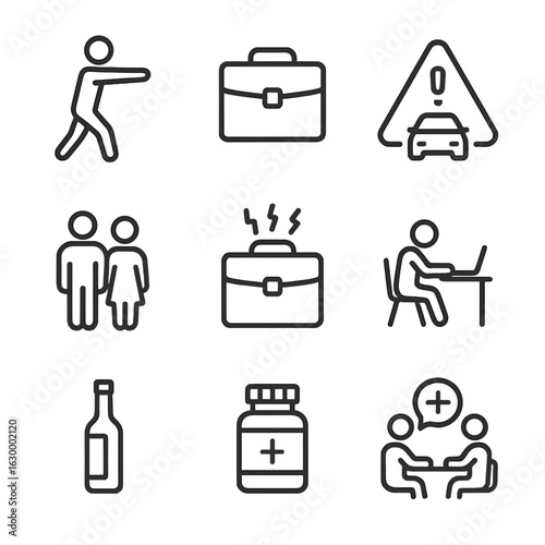 Sleepwalking Icon Set. Outline icon set of adult sleepwalking: adult silhouette walking, workplace briefcase icon, driving risk